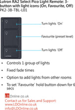 Load image into Gallery viewer, Lutron Pico Light Remote: 3-button with light icons (On, Favourite, Off) - Black  PK2-3B-TBL-L01