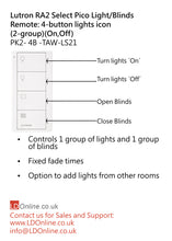 Load image into Gallery viewer, Lutron Pico Light/Blinds Remote: 4-button with lights icon (2-group) (On, Off) - White PK2-4B-TAW-LS21 diagram