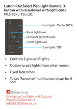 Load image into Gallery viewer, Lutron Pico Light Remote: 3-button with raise/lower with light icons - Black PK2-3BRL-TBL-L01 diagram