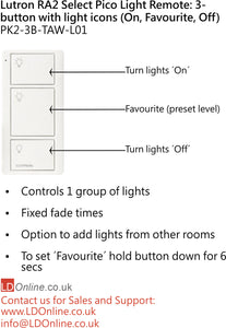 Lutron Pico Light Remote: 3-button with light icons (On, Favourite, Off) - White PK2-3B-TAW-L01