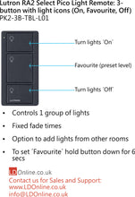 Load image into Gallery viewer, Lutron Pico Light Remote: 3-button with light icons (On, Favourite, Off) - Black  PK2-3B-TBL-L01
