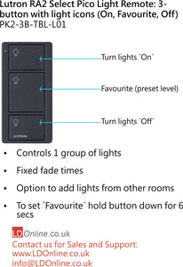 Lutron Pico Light Remote: 3-button with light icons (On, Favourite, Off) - Black  PK2-3B-TBL-L01