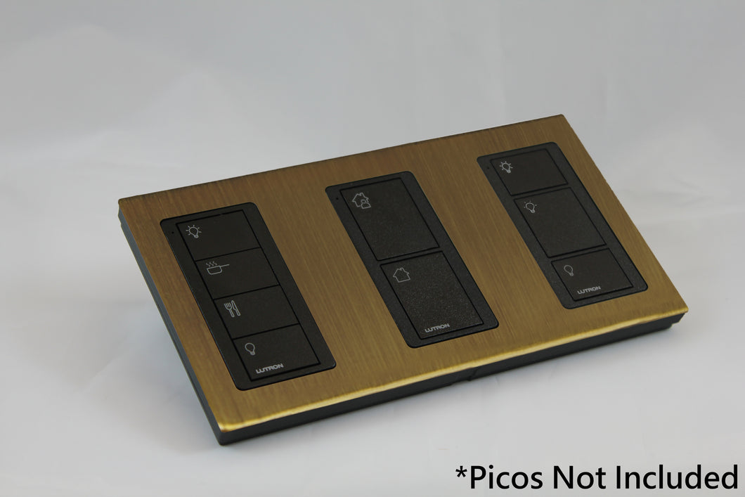LD UK Rectangle Faceplate for three Lutron Pico controls with black Frame - Antique Brass (Metal Plated)