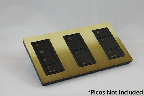 LD UK Rectangle Faceplate for three Lutron Pico controls with black Frame - Satin Brass (Metal Plated)