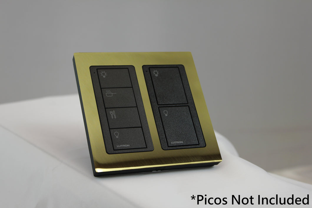 LD UK Square Faceplate for two Lutron Pico controls with black Frame - Polished Brass (Metal Plated)