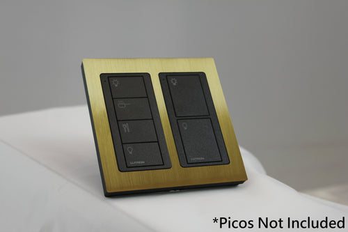 LD UK Square Faceplate for two Lutron Pico controls with black Frame - Satin Brass (Metal Plated)