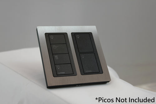 LD UK Square Faceplate for two Lutron Pico controls with black Frame - Satin Chrome (Metal Plated)