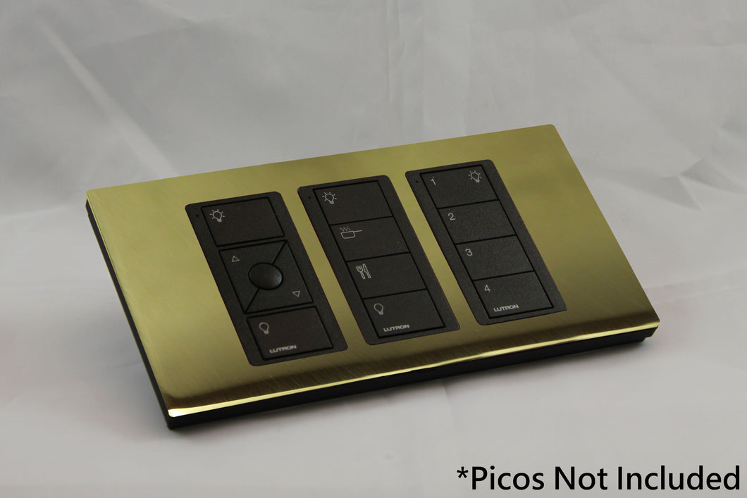 Vision UK Rectangle Faceplate for three Lutron Pico controls with black Frame - Polished Brass (Metal Plated)