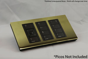 Vision UK Rectangle Faceplate for three Lutron Pico controls with black Frame - Polished Unlacquered Brass (Metal Plated)