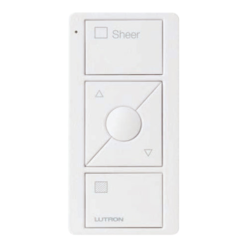 Lutron Pico Blind Remote: 3-button with raise/lower with blind icons and 'Sheer' text - White PK2-3BRL-TAW-S04
