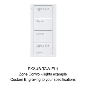 Lutron Pico Zone Control Custom Keypad: 4-button with Custom Engraving (lights example) - White PK2-4B-TAW-EL1