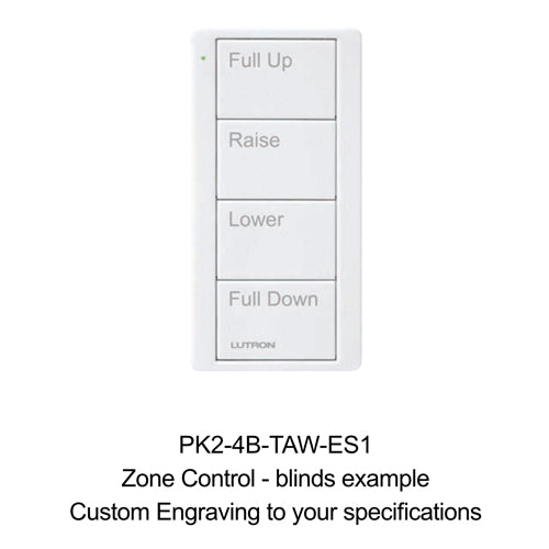 Lutron Pico Zone Control Custom Keypad: 4-button with Custom Engraving (blinds example) - White PK2-4B-TAW-ES1