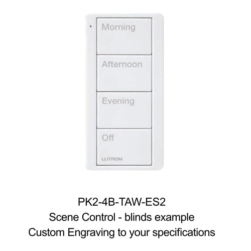Lutron RA2 Select Pico Scene Custom Keypad: 4-button with Custom Engraving (blinds example) - White PK2-4B-TAW-ES2