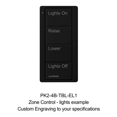 Lutron Pico Zone Control Custom Keypad: 4-button with Custom Engraving (lights example) - Black PK2-4B-TBL-EL1