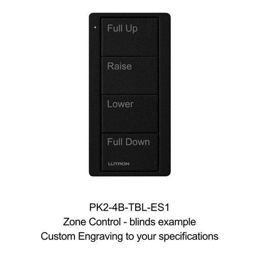 Lutron Pico Zone Control Custom Keypad: 4-button with Custom Engraving (blinds example) - Black PK2-4B-TBL-ES1