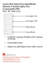 Load image into Gallery viewer, Lutron Pico Light/Blinds Remote: 4-button with lights icon (2-group) (On, Off) - White PK2-4B-TAW-LS21 diagram
