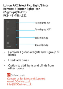 Lutron Pico Light/Blinds Remote: 4-button with lights icon (2-group) (On, Off) - Black PK2-4B-TBL-LS21 diagram