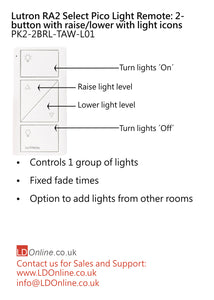 Lutron Pico Light Remote: 2-button with raise/lower with light icons - White  PK2-2BRL-TAW-L01 diagram