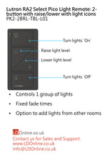 Load image into Gallery viewer, Lutron Pico Light Remote: 2-button with raise/lower with light icons - Black PK2-2BRL-TBL-L01 diagram
