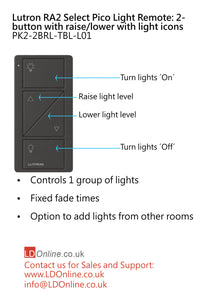 Lutron Pico Light Remote: 2-button with raise/lower with light icons - Black PK2-2BRL-TBL-L01 diagram