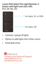 Load image into Gallery viewer, Lutron Pico Light Remote: 2-button with light icons (On, Off) - Black  PK2-2B-TBL-L01 diagram
