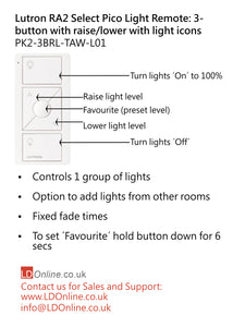 Lutron Pico Light Remote: 3-button with raise/lower with light icons - White  PK2-3BRL-TAW-L01 diagram