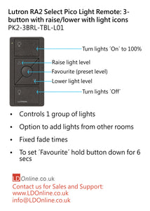 Lutron Pico Light Remote: 3-button with raise/lower with light icons - Black  PK2-3BRL-TBL-L01 diagram