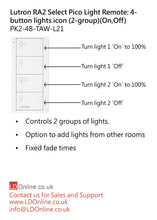 Load image into Gallery viewer, Lutron Pico Light Remote: 4-button with lights icon (2-group) (On,Off) - White PK2-4B-TAW-L21 diagram
