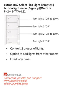 Lutron Pico Light Remote: 4-button with lights icon (2-group) (On,Off) - White PK2-4B-TAW-L21 diagram