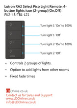 Load image into Gallery viewer, Lutron Pico Light Remote: 4-button with lights icon (2-group) (On,Off) - Black PK2-4B-TBL-L21 diagram
