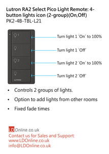 Lutron Pico Light Remote: 4-button with lights icon (2-group) (On,Off) - Black PK2-4B-TBL-L21 diagram